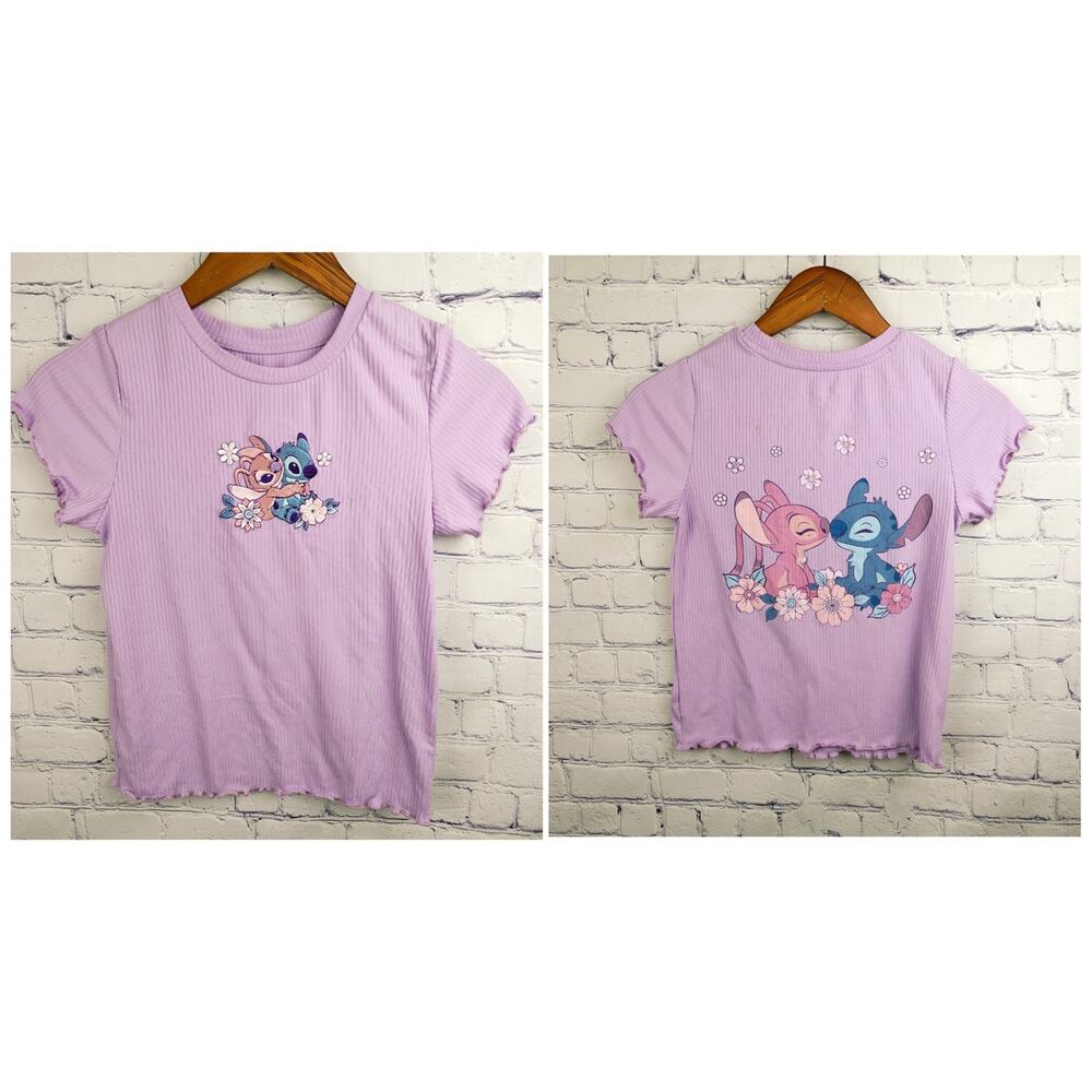Disney Stitch Angel Ribbed Baby Tee Purple Girls Large 14 Double Sided Graphic